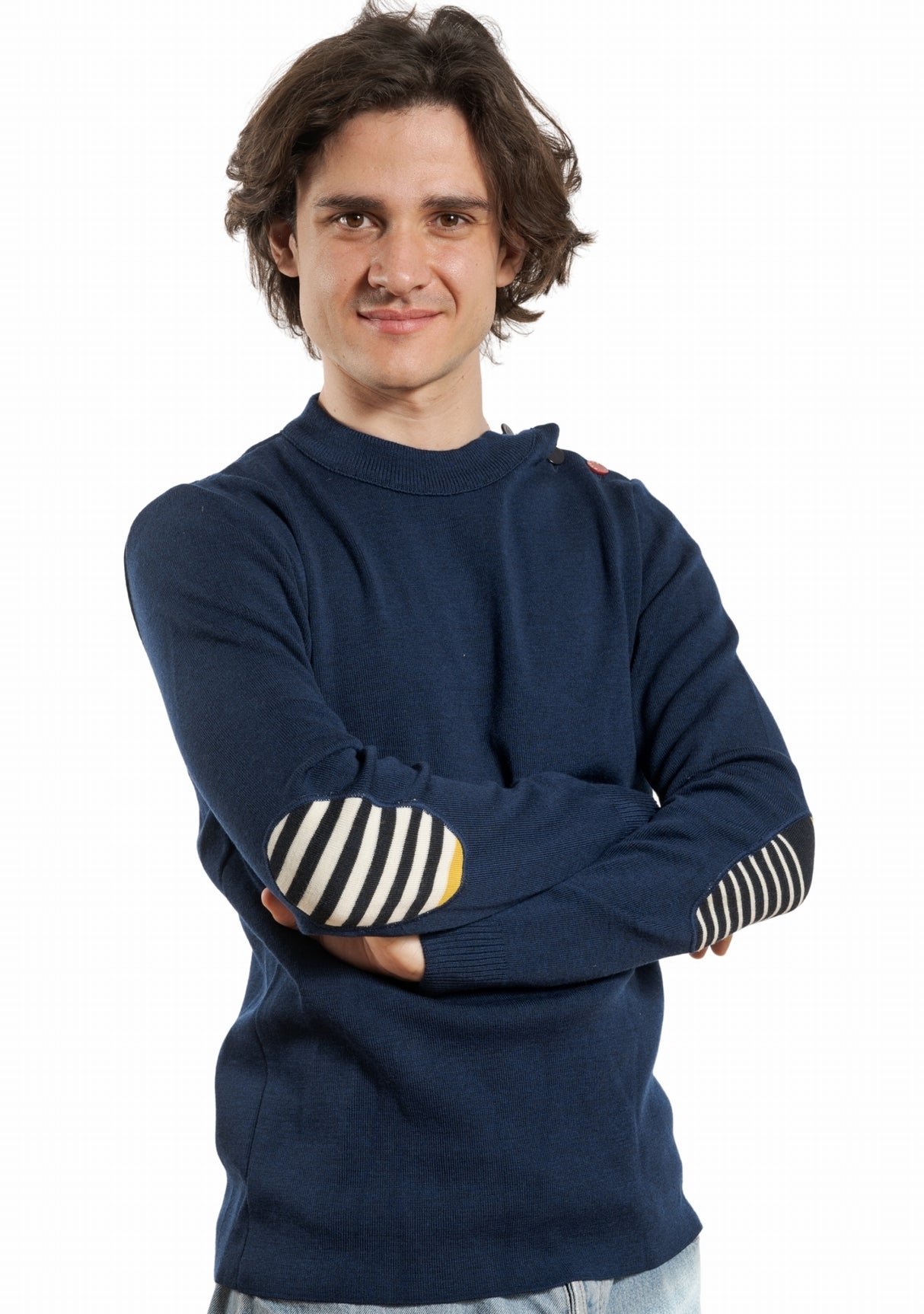 Pull marin homme col rond Berthe Bleu royal à coudières asymétriques marine/jaune BLEU ROYAL