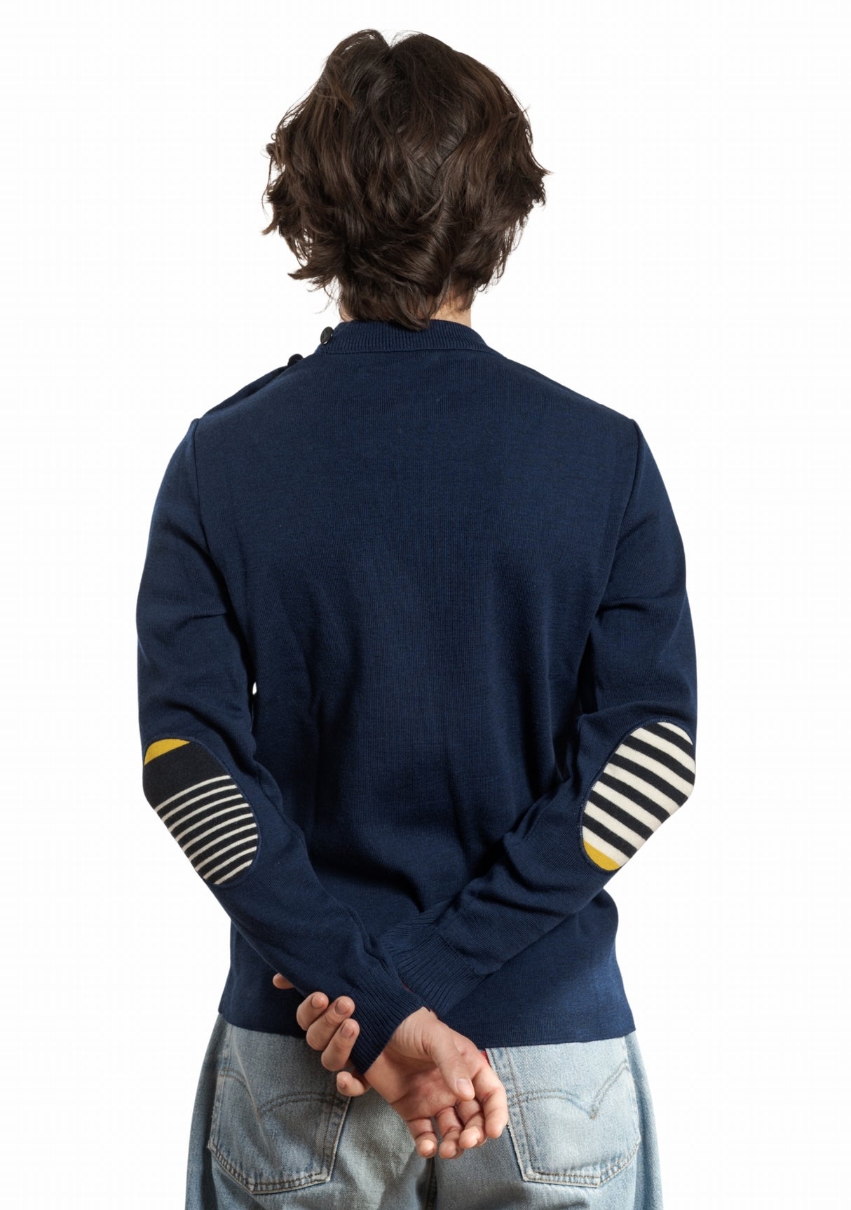 Pull marin homme col rond Berthe Bleu royal à coudières asymétriques marine/jaune BLEU ROYAL