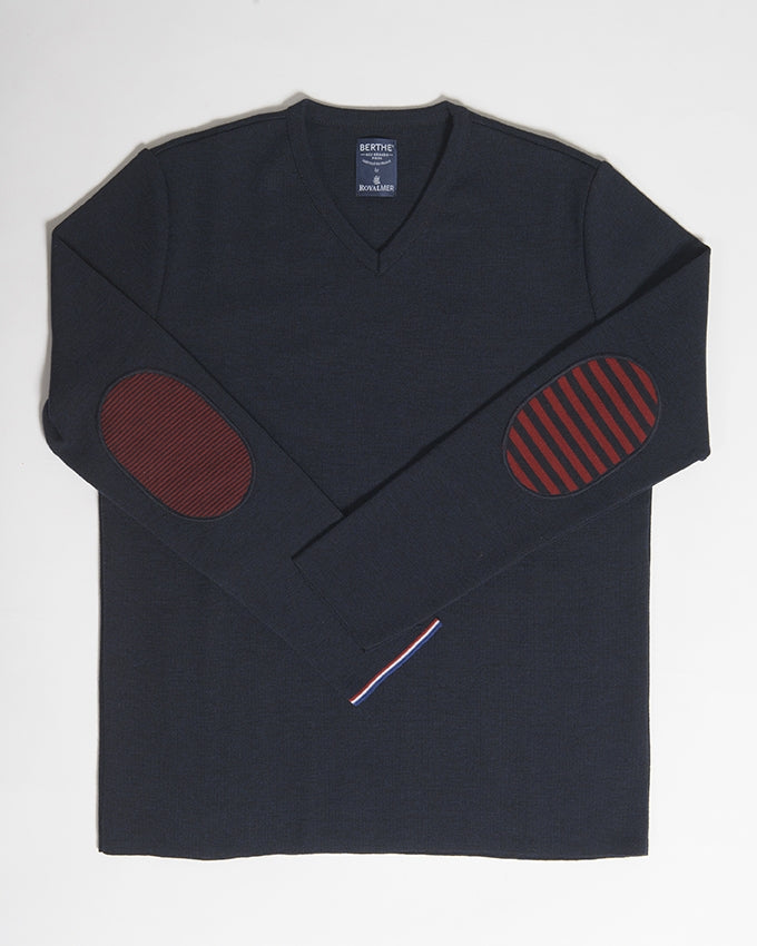 Pull marin Homme Coudières Asymétriques Rayées col V marine MARINE