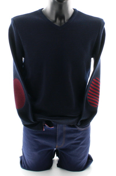 Pull marin Homme Coudières Asymétriques Rayées col V MARINE-ROUGE