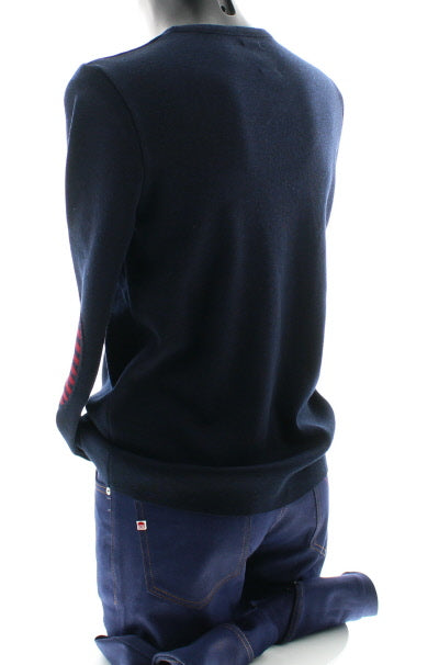 Pull marin Homme Coudières Asymétriques Rayées col V MARINE-ROUGE