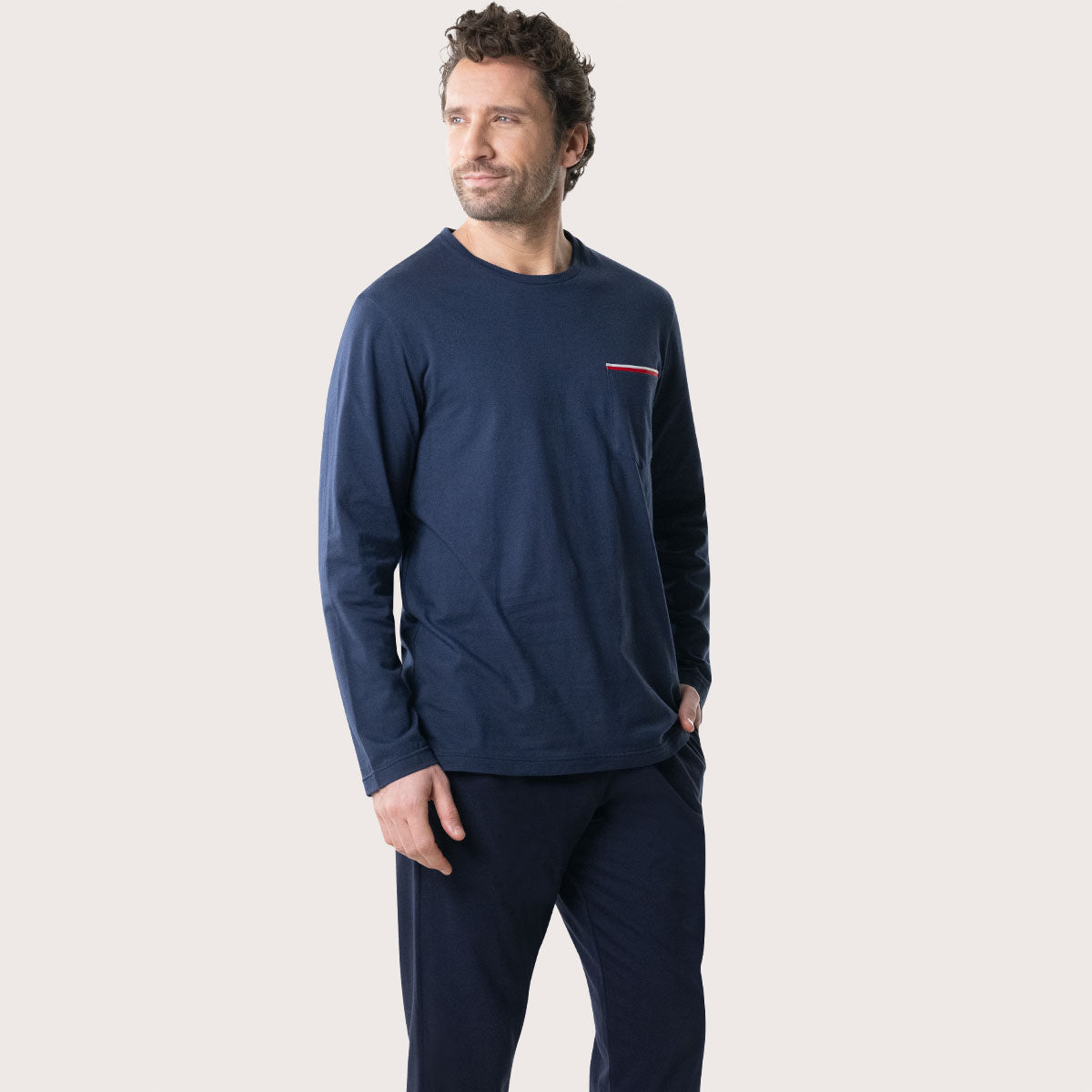 Pyjama long col rond homme 100% coton bleu marine - Main Image