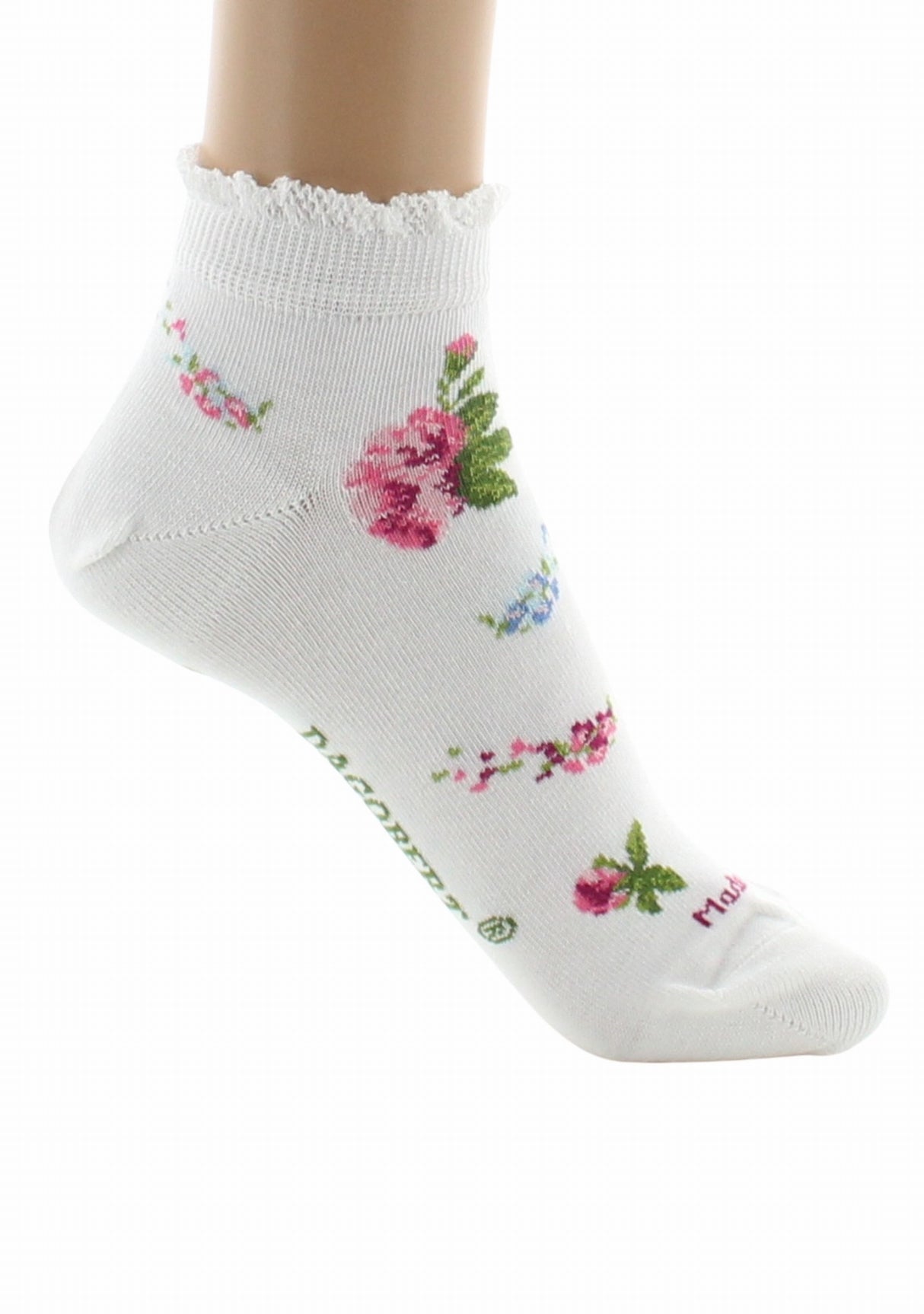 Socquettes fantaisie femme en coton Dagobert Bouquets de fleurs Blanc BLANC