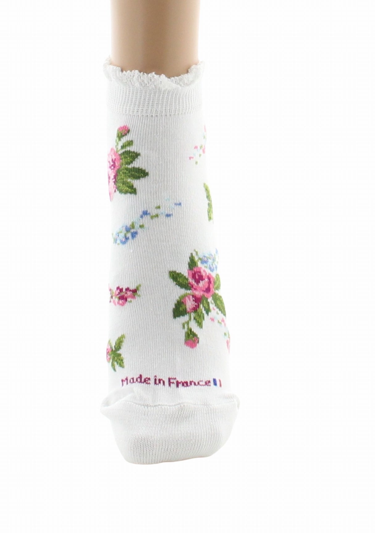 Socquettes fantaisie femme en coton Dagobert Bouquets de fleurs Blanc BLANC