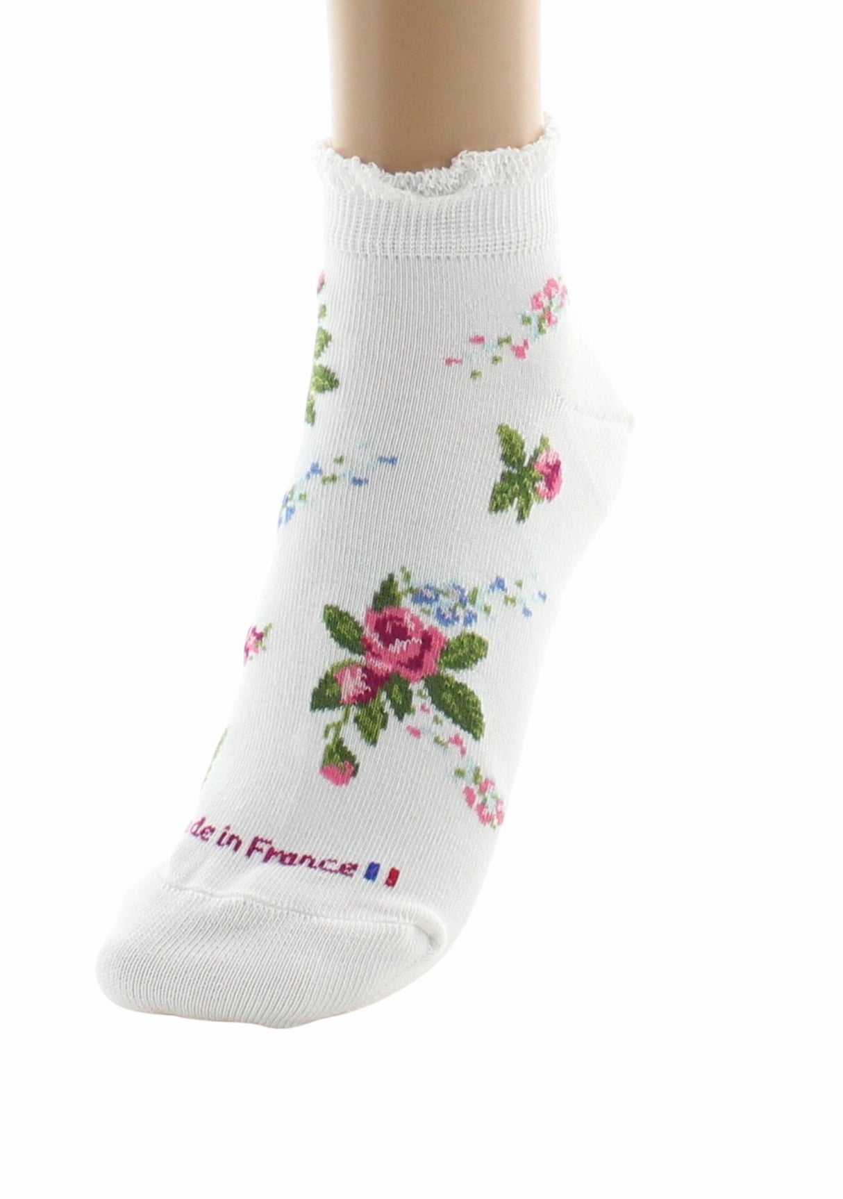 Socquettes fantaisie femme en coton Dagobert Bouquets de fleurs Blanc BLANC