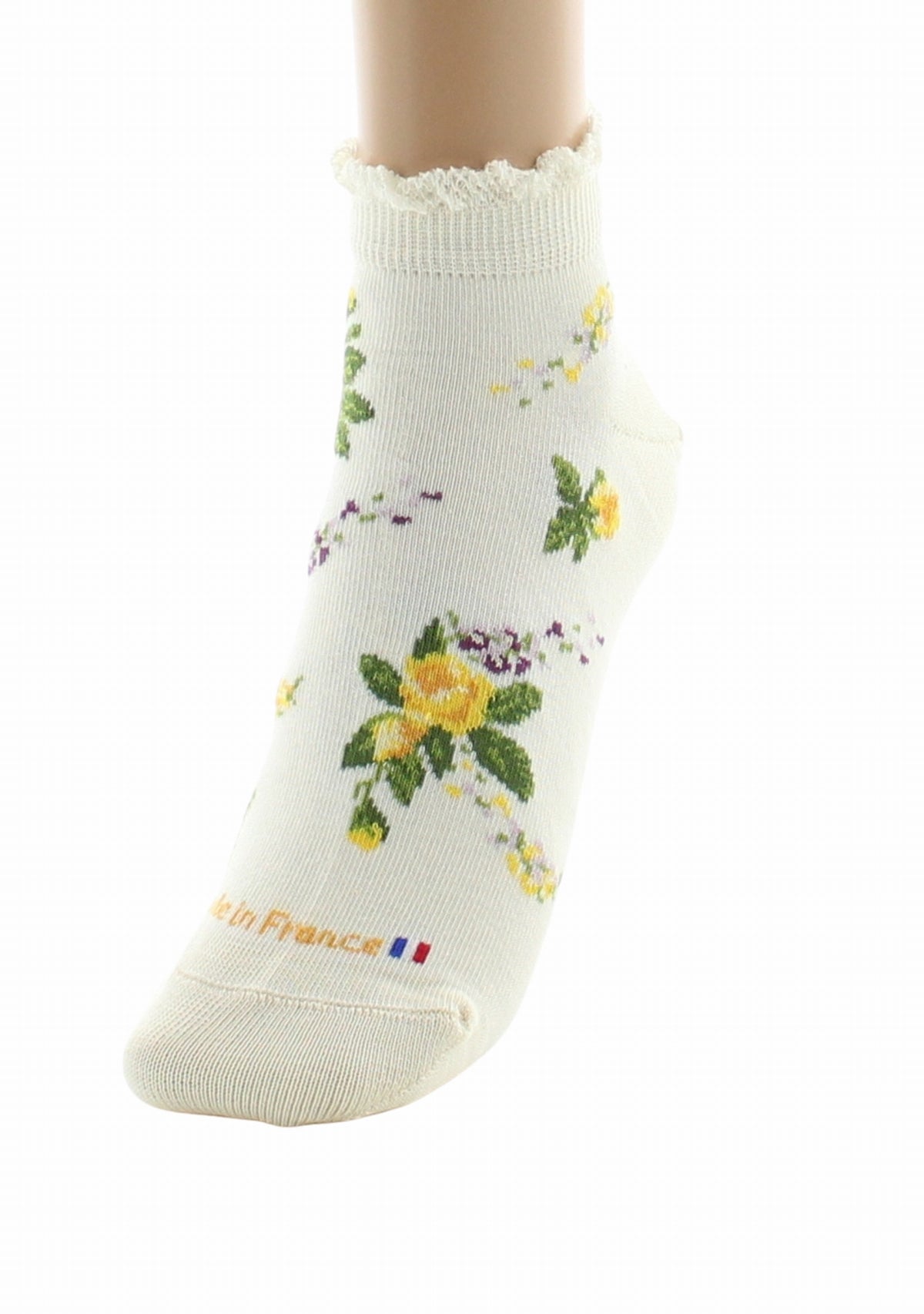 Socquettes fantaisie femme en coton Dagobert Bouquets de fleurs Écru ECRU