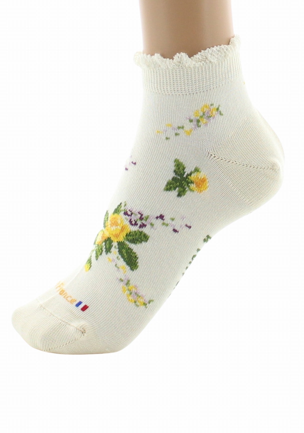 Socquettes fantaisie femme en coton Dagobert Bouquets de fleurs Écru ECRU