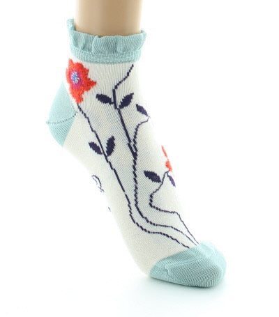 Socquettes Femme Fleurs Oranges ECRU