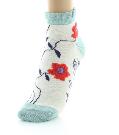 Socquettes Femme Fleurs Oranges ECRU