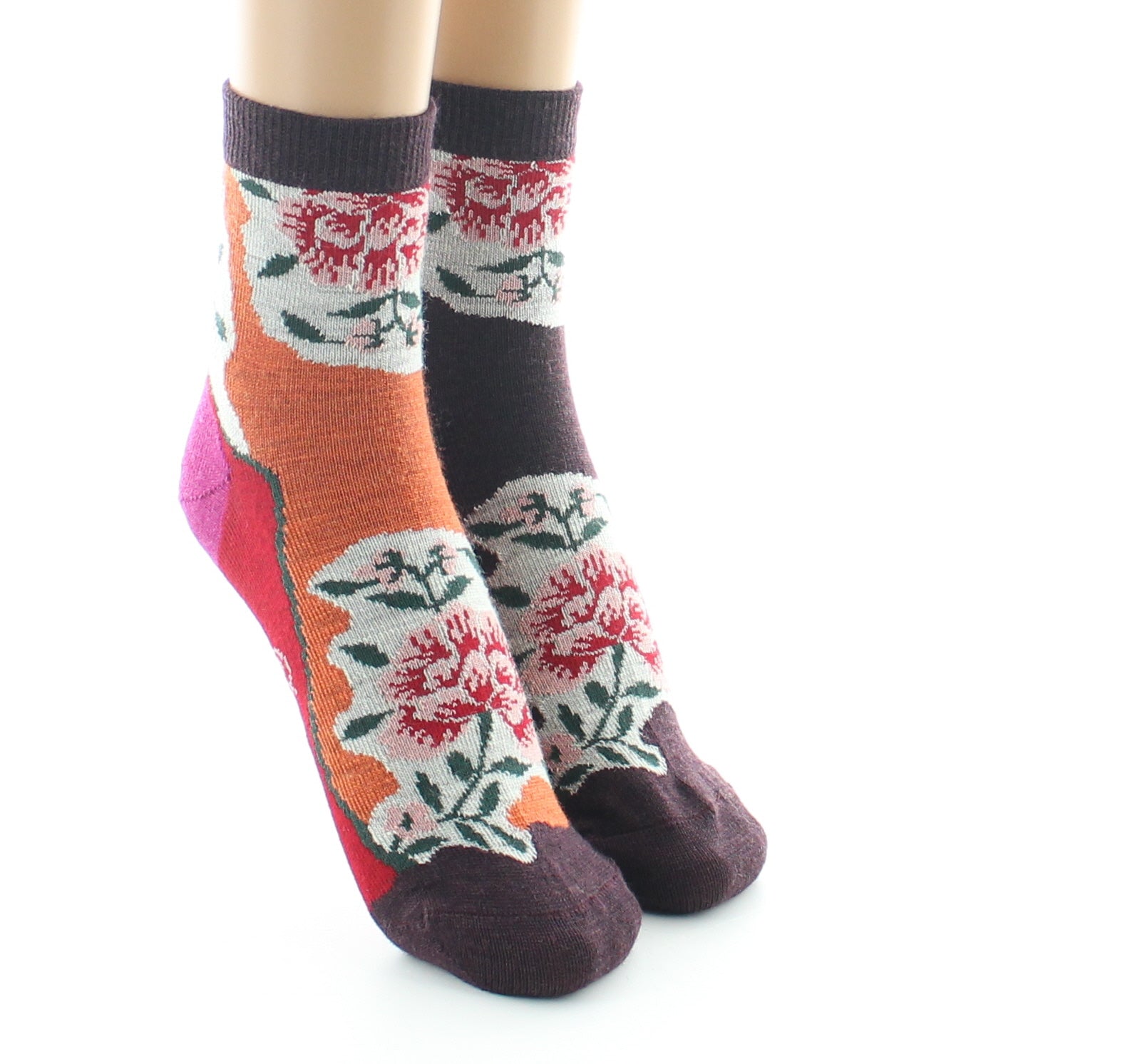 Socquettes femme laine peignée fleurs sur fond orange et bordeaux ORANGE/BORDEAUX