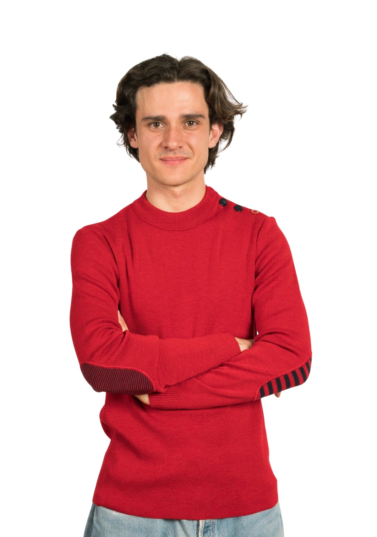 Pull marin col rond homme rouge à coudières asymétriques marine/rouge