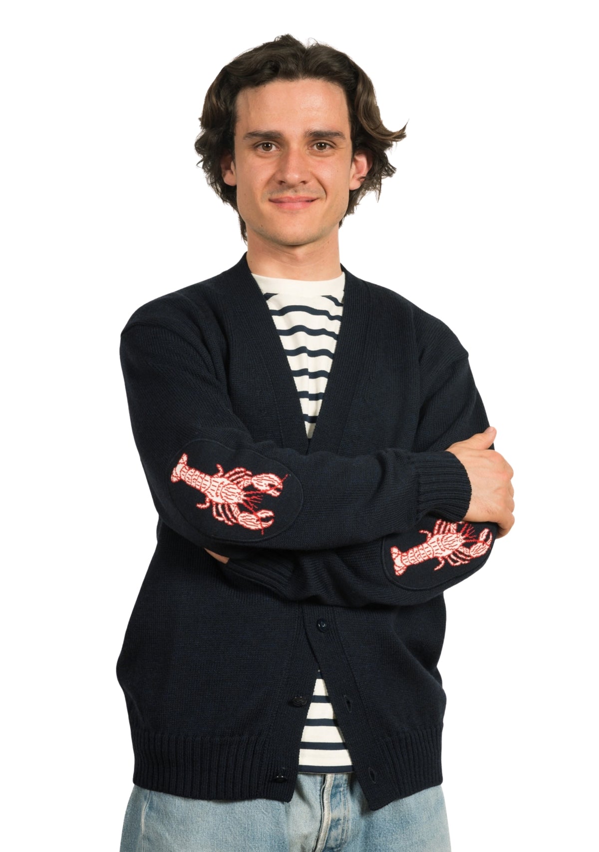 Cardigan mixte en laine marine à coudières Homard
