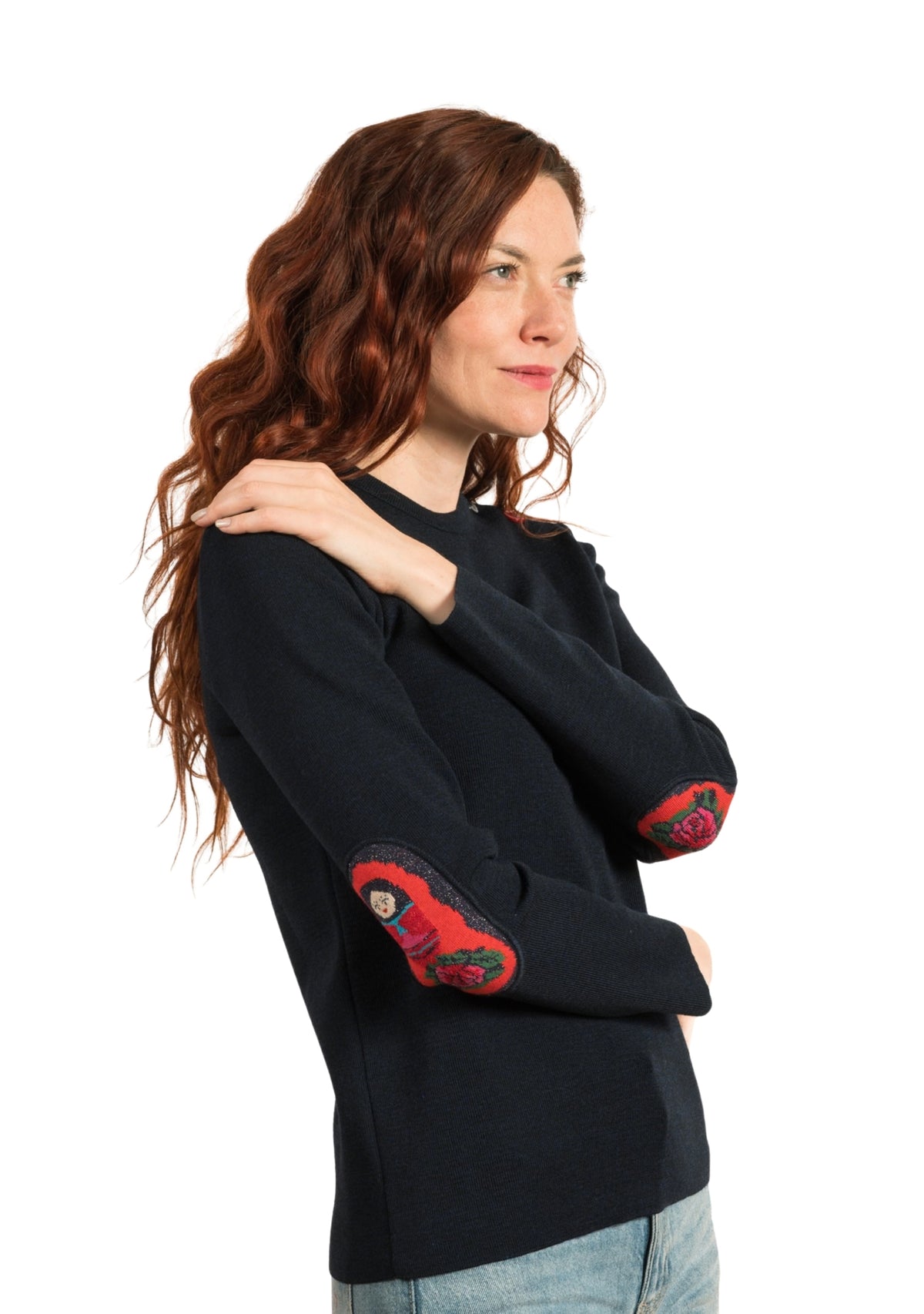 Pull marin col rond femme marine à coudières Poupée Russe