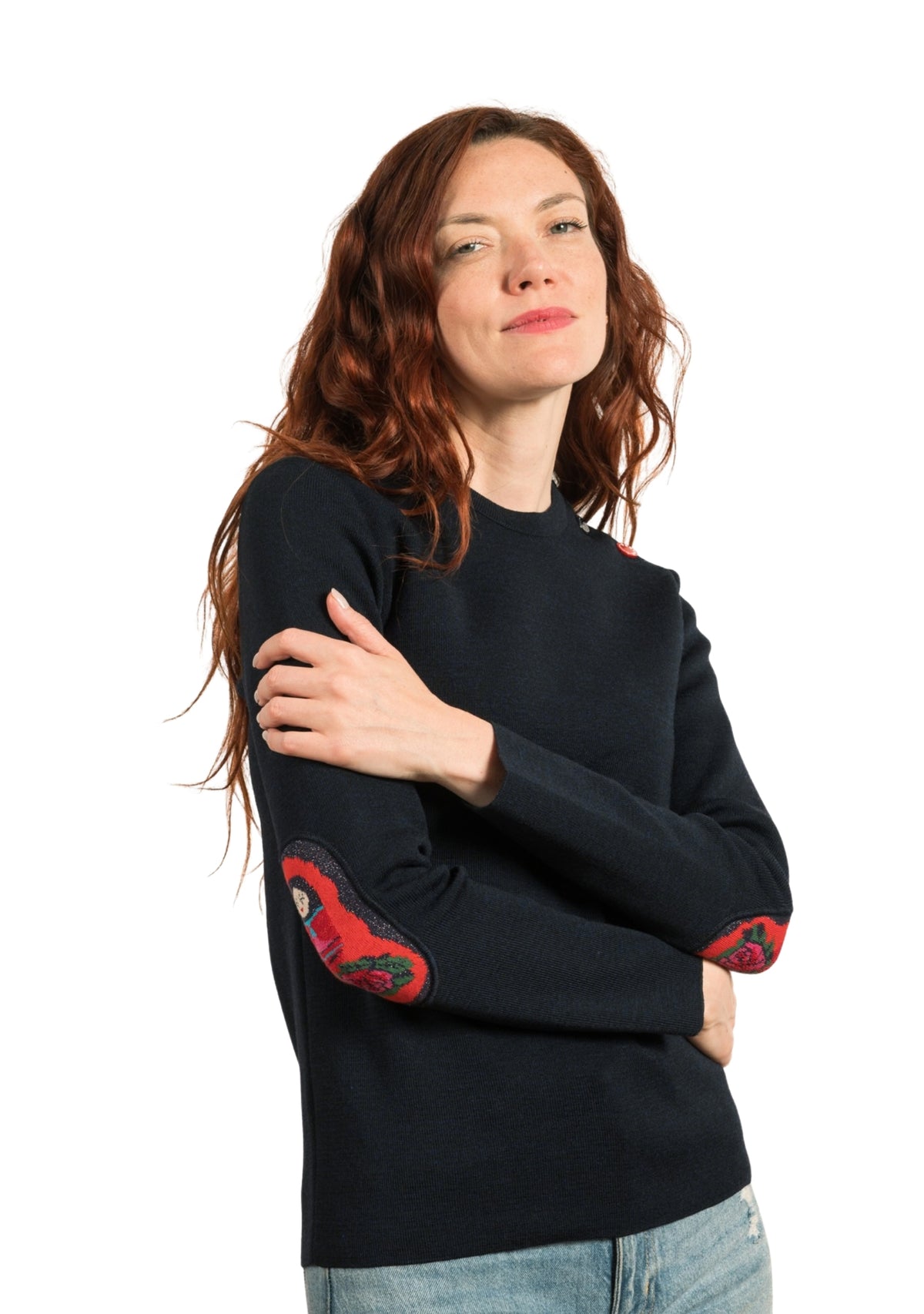 Pull marin col rond femme marine à coudières Poupée Russe