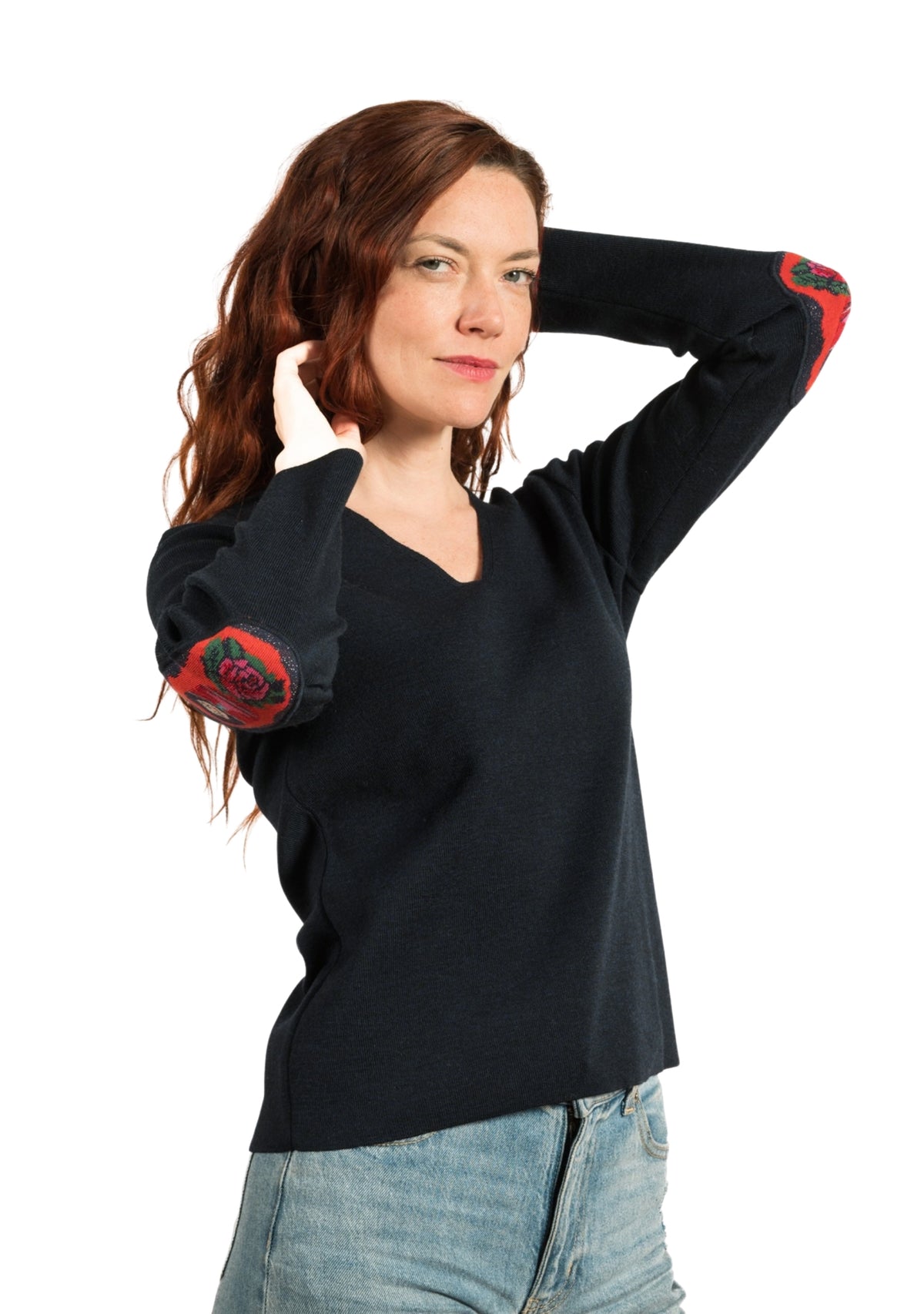Pull col V femme marine à coudières Poupée Russe