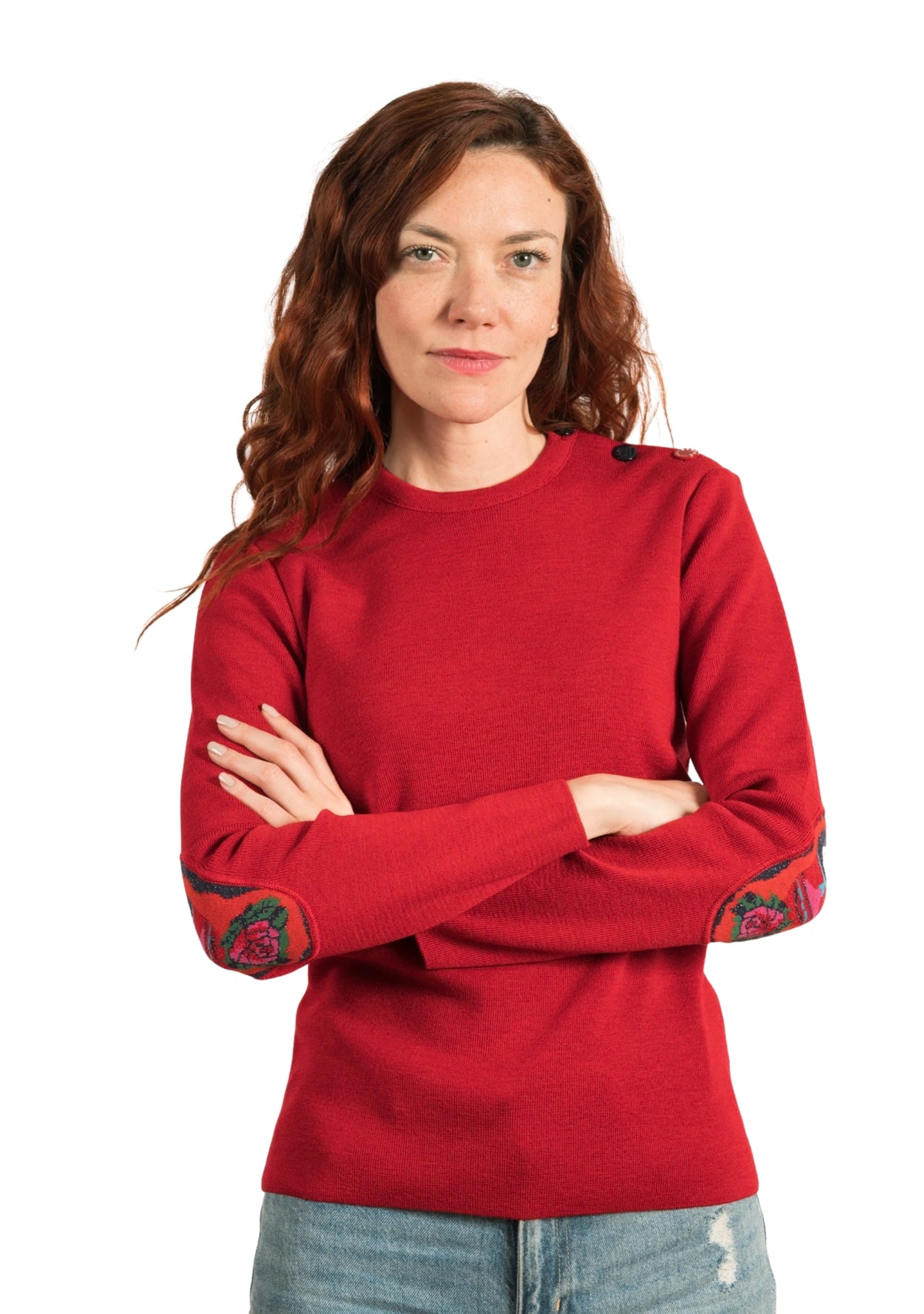 Pull marin col rond femme rouge à coudières Poupée Russe