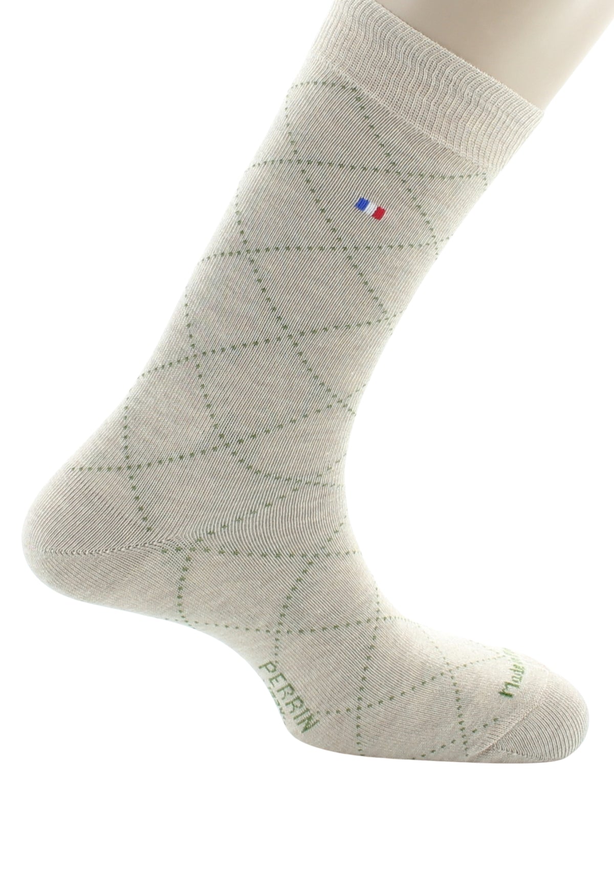 Chaussettes homme en coton à losanges Écru et Kaki - Perrin 1924