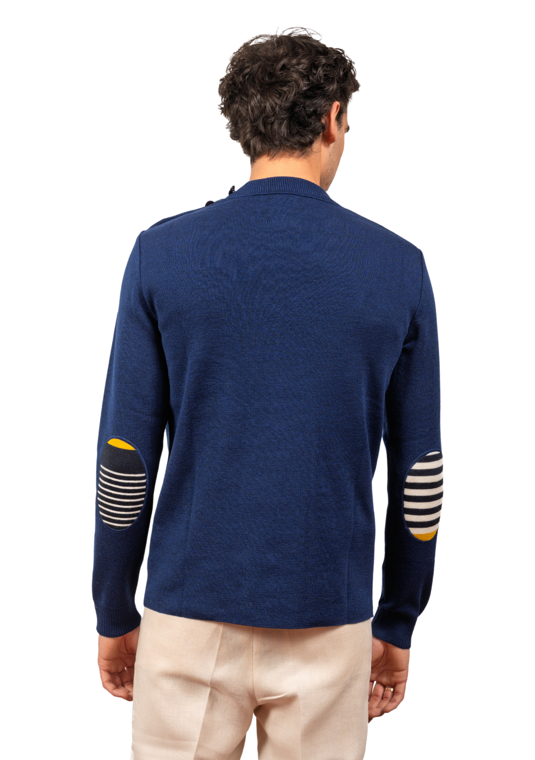 Pull marin homme col rond Berthe Bleu royal à coudières asymétriques marine/jaune