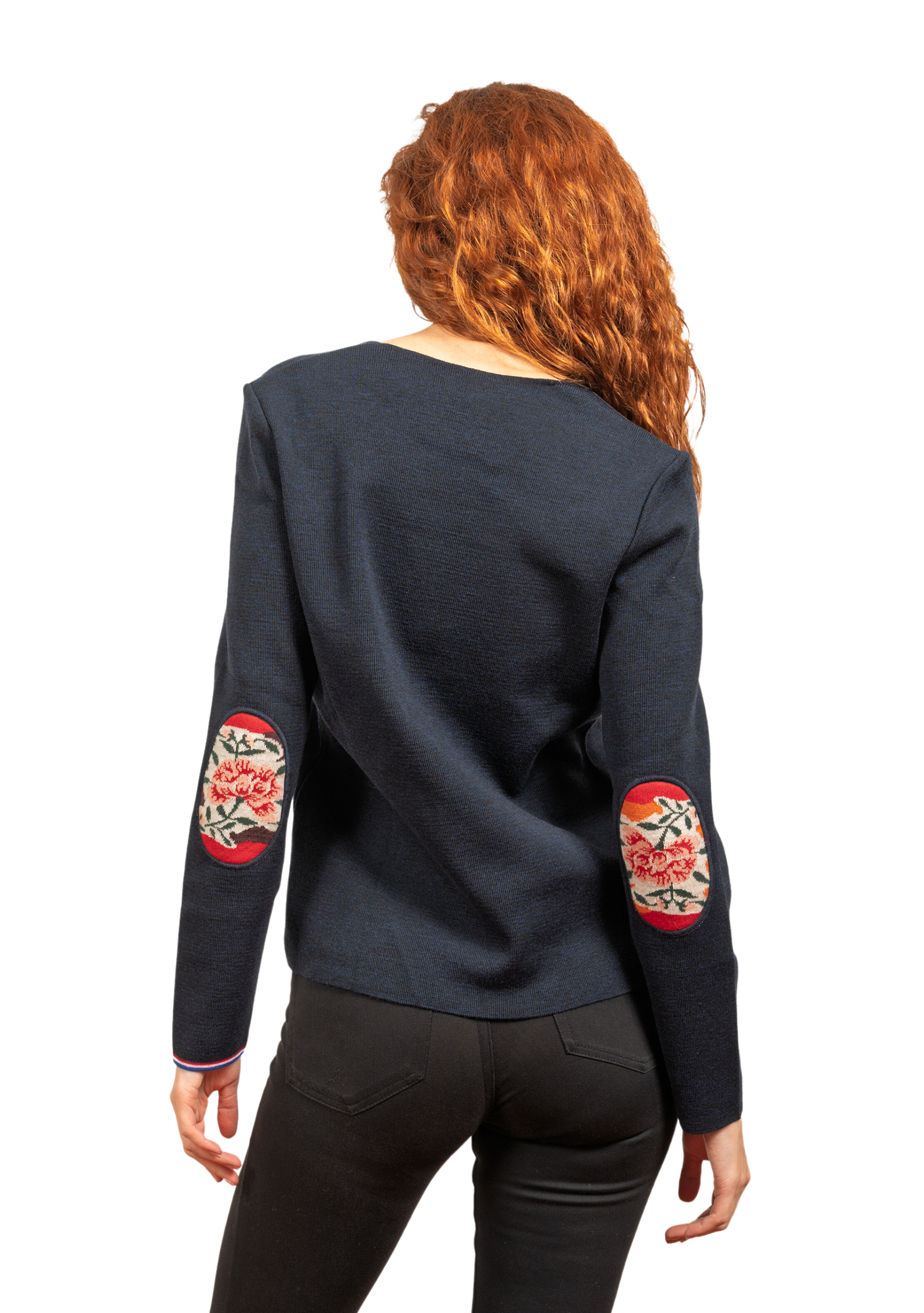 Pull femme col V Berthe Marine à coudières Pivoines