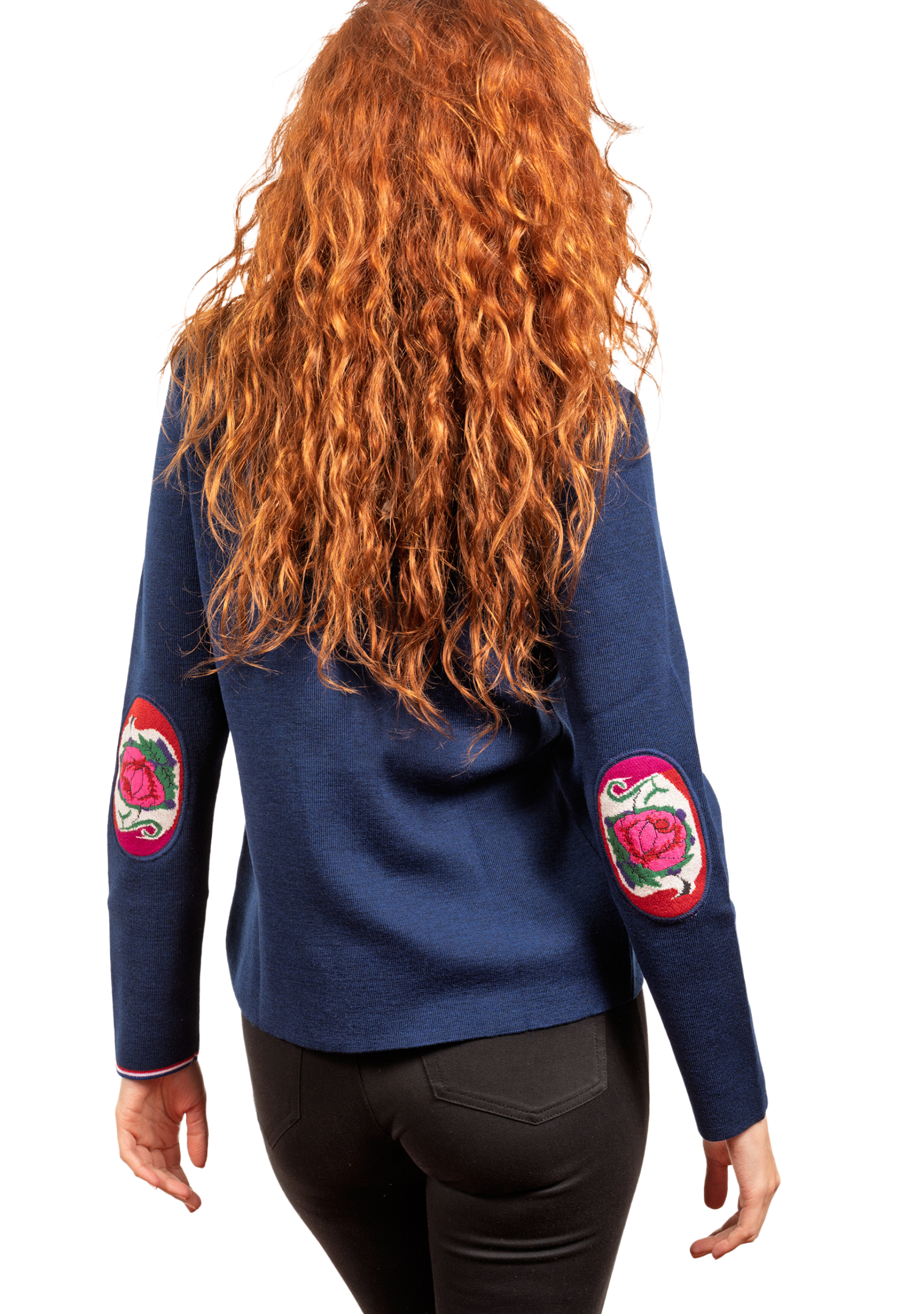 Pull femme col V Berthe Bleu royal Fleurs de rose