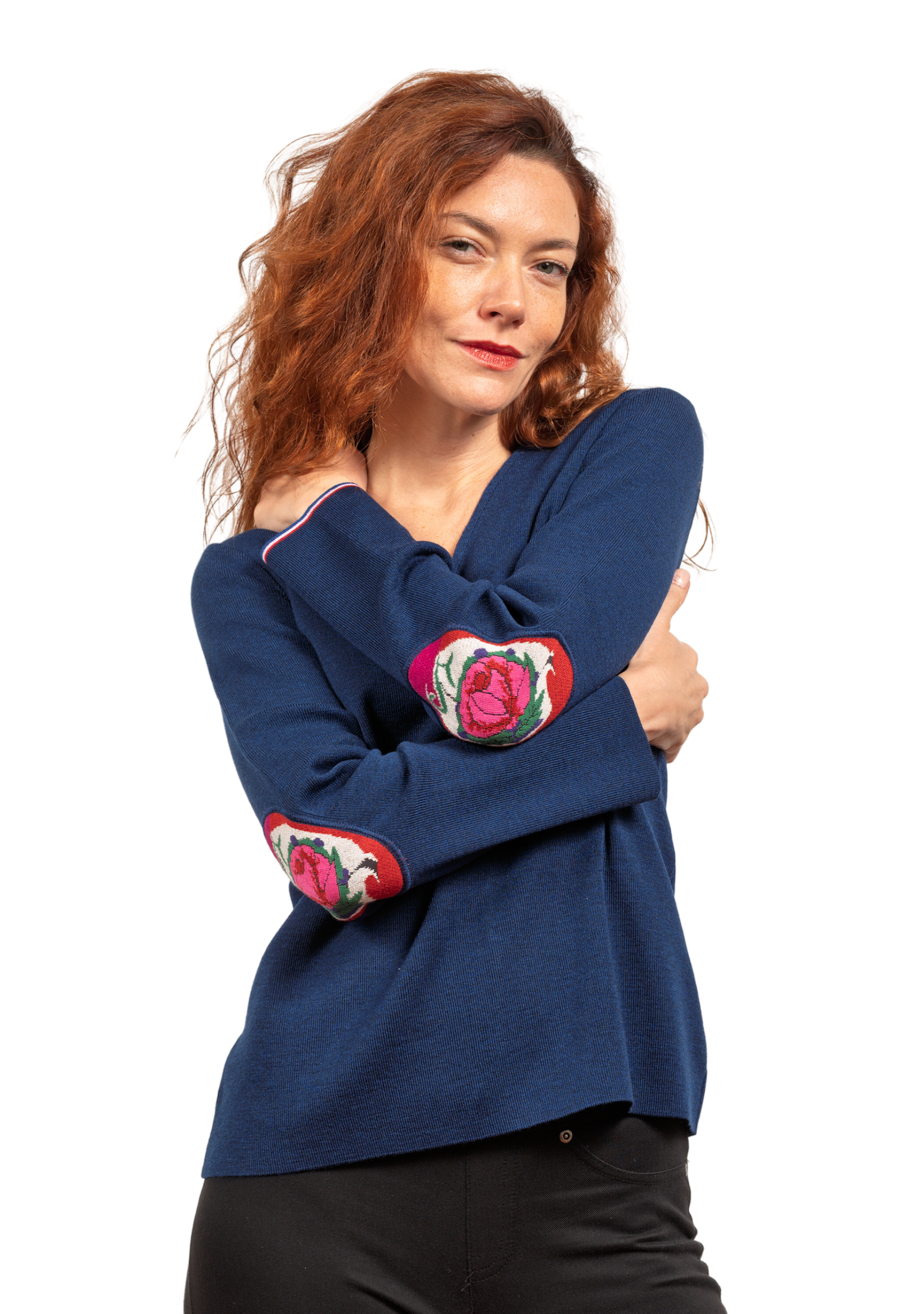 Pull femme col V Berthe Bleu royal Fleurs de rose