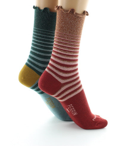 Boite cadeau 2 Paires Chaussettes Fantaisie Coton Lurex VERT ROUILLE/CUIVRE