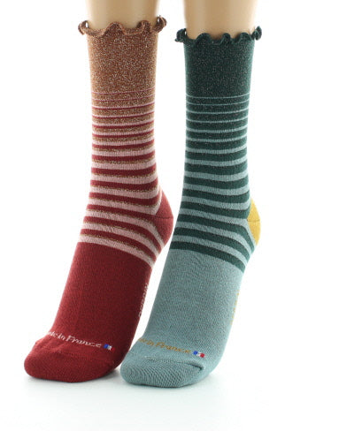 Boite cadeau 2 Paires Chaussettes Fantaisie Coton Lurex VERT ROUILLE/CUIVRE