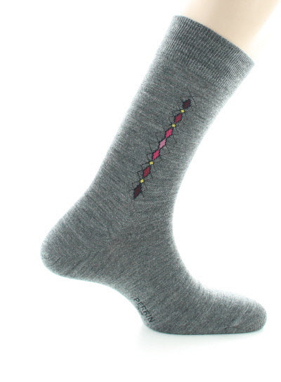 Chaussettes baguette à carreaux en laine peignée GRIS MOYEN