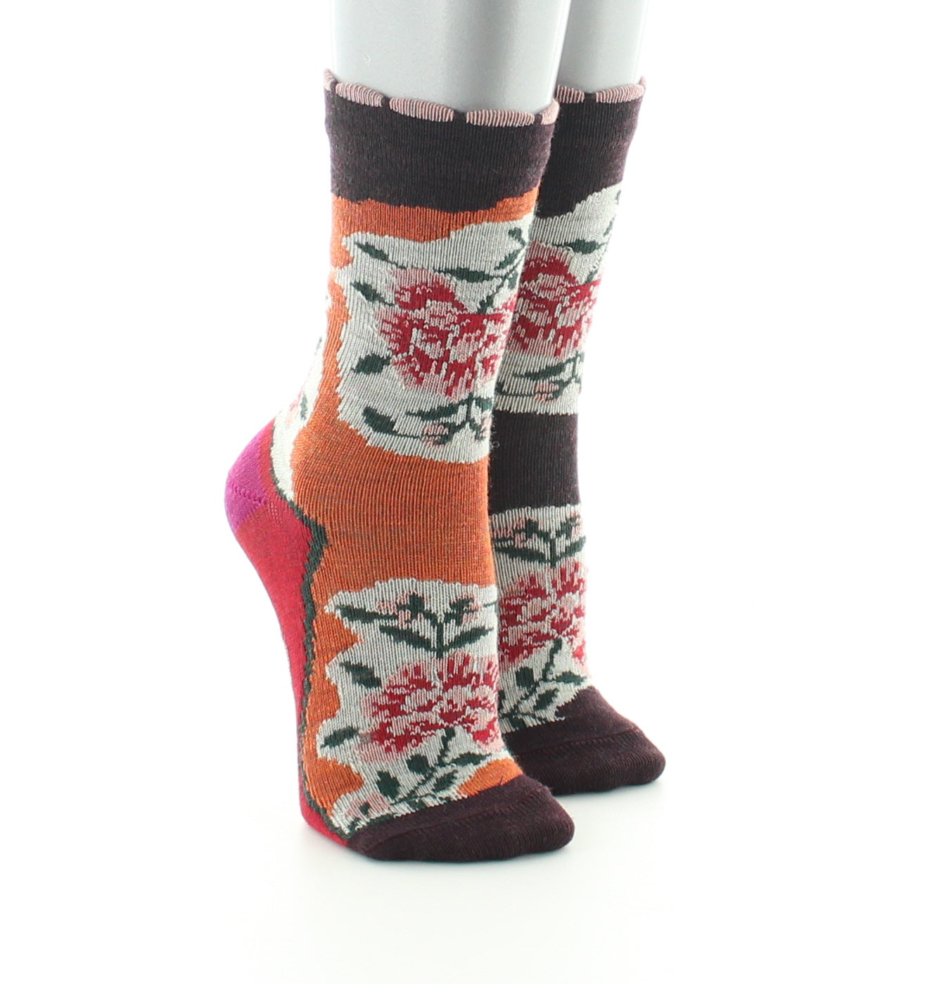 Chaussettes bébé laine peignée fleurs sur fond orange et bordeaux ORANGE/BORDEAUX