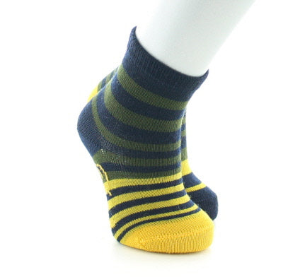 Chaussettes bébé laine peignée rayures asymétriques bleu marine, kaki et jaune MARINE/KAKI