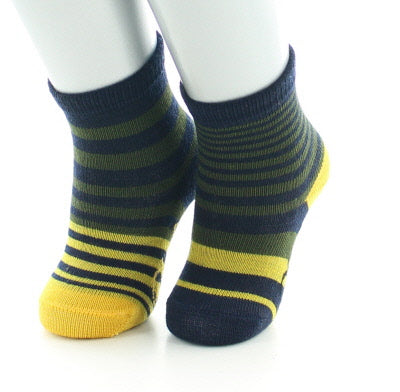 Chaussettes bébé laine peignée rayures asymétriques bleu marine, kaki et jaune MARINE/KAKI