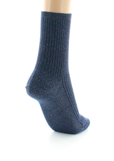 Chaussettes courtes femme à côtes en coton et lurex BLEU NUIT