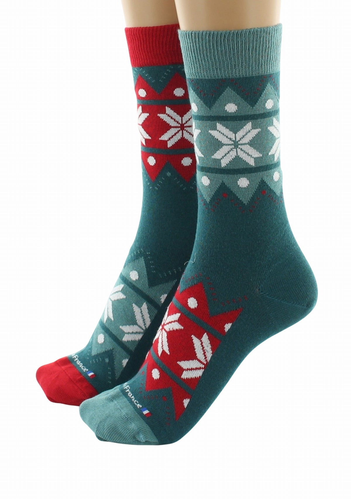 Chaussettes de Noël mixtes en coton motif Flocons dépareillés - Vert VERT