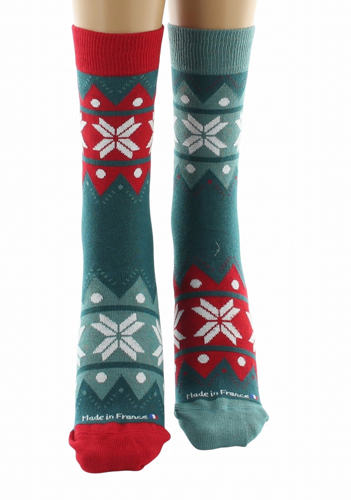Chaussettes de Noël mixtes en coton motif Flocons dépareillés - Vert VERT