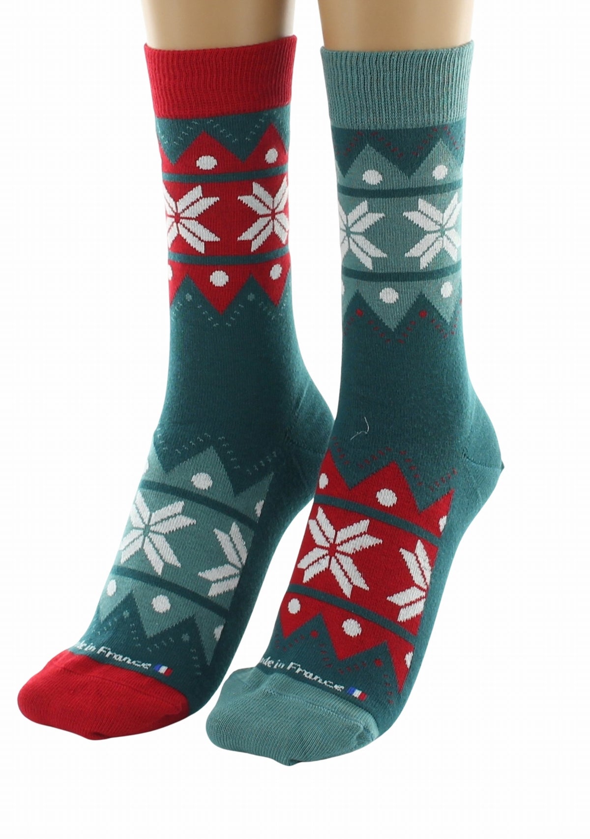 Chaussettes de Noël mixtes en coton motif Flocons dépareillés - Vert VERT