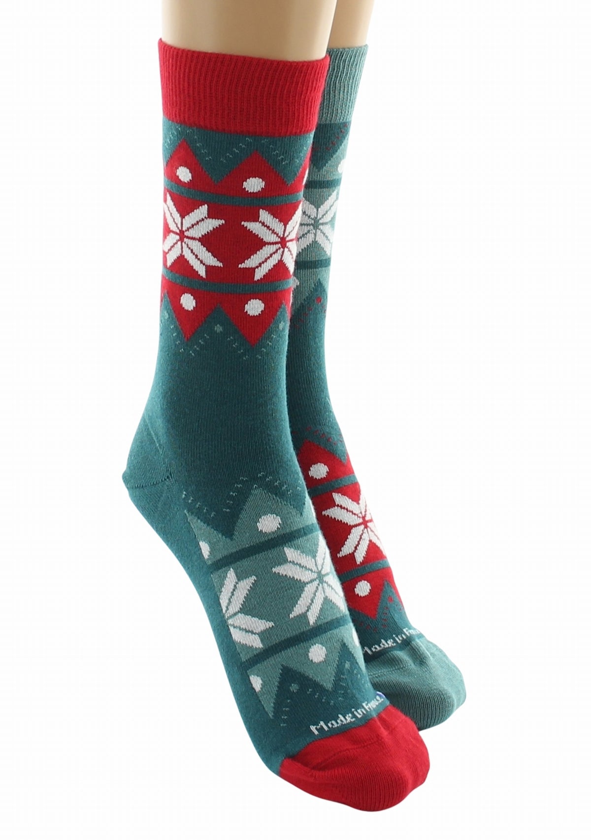 Chaussettes de Noël mixtes en coton motif Flocons dépareillés - Vert VERT