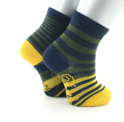 Chaussettes enfant laine peignée rayures asymétriques bleu marine, kaki et jaune MARINE/KAKI