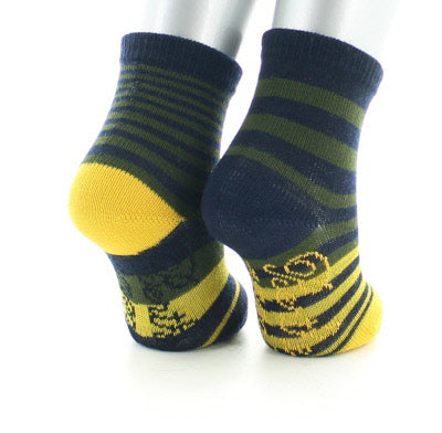 Chaussettes enfant laine peignée rayures asymétriques bleu marine, kaki et jaune MARINE/KAKI