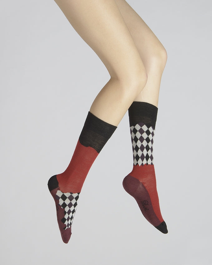 Chaussettes femme à Damiers asymétriques en laine peignée Noir/Bordeaux NOIR-BORDEAUX