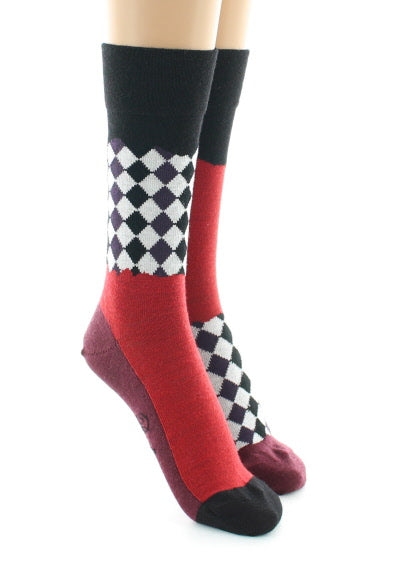 Chaussettes femme à Damiers asymétriques en laine peignée Noir/Bordeaux NOIR-BORDEAUX