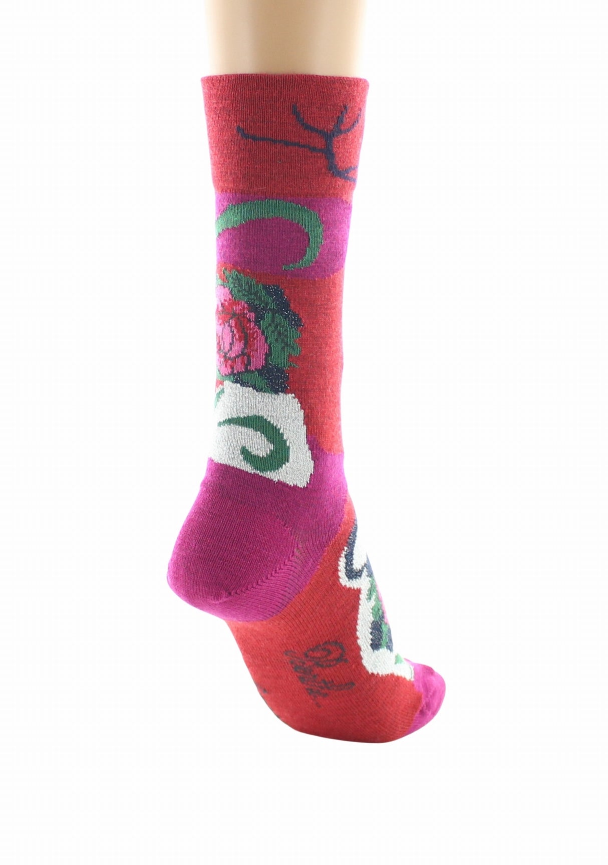 Chaussettes femme en laine peignée Berthe Fleurs de rose ROUGE