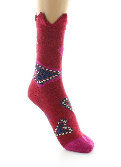 Chaussettes femme laine peignée cœur et couronne ROUGE