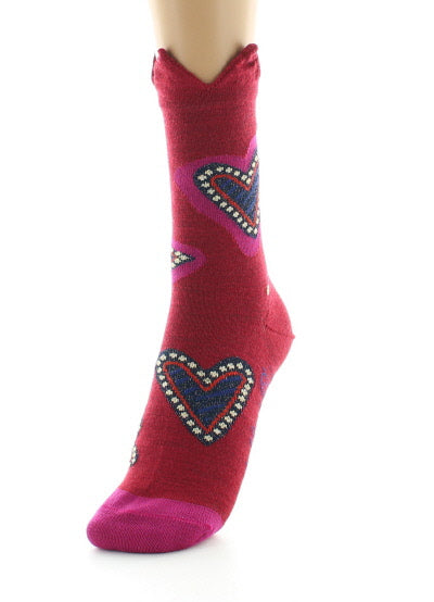 Chaussettes femme laine peignée cœur et couronne ROUGE