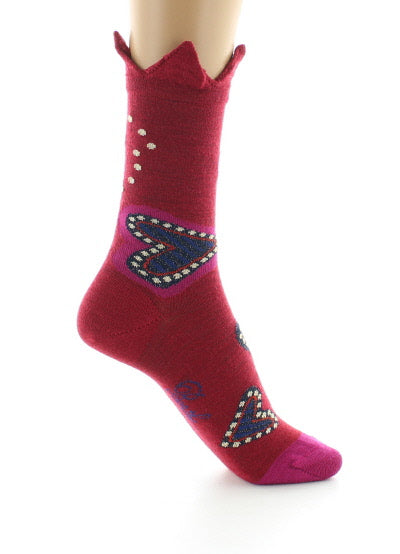 Chaussettes femme laine peignée cœur et couronne ROUGE