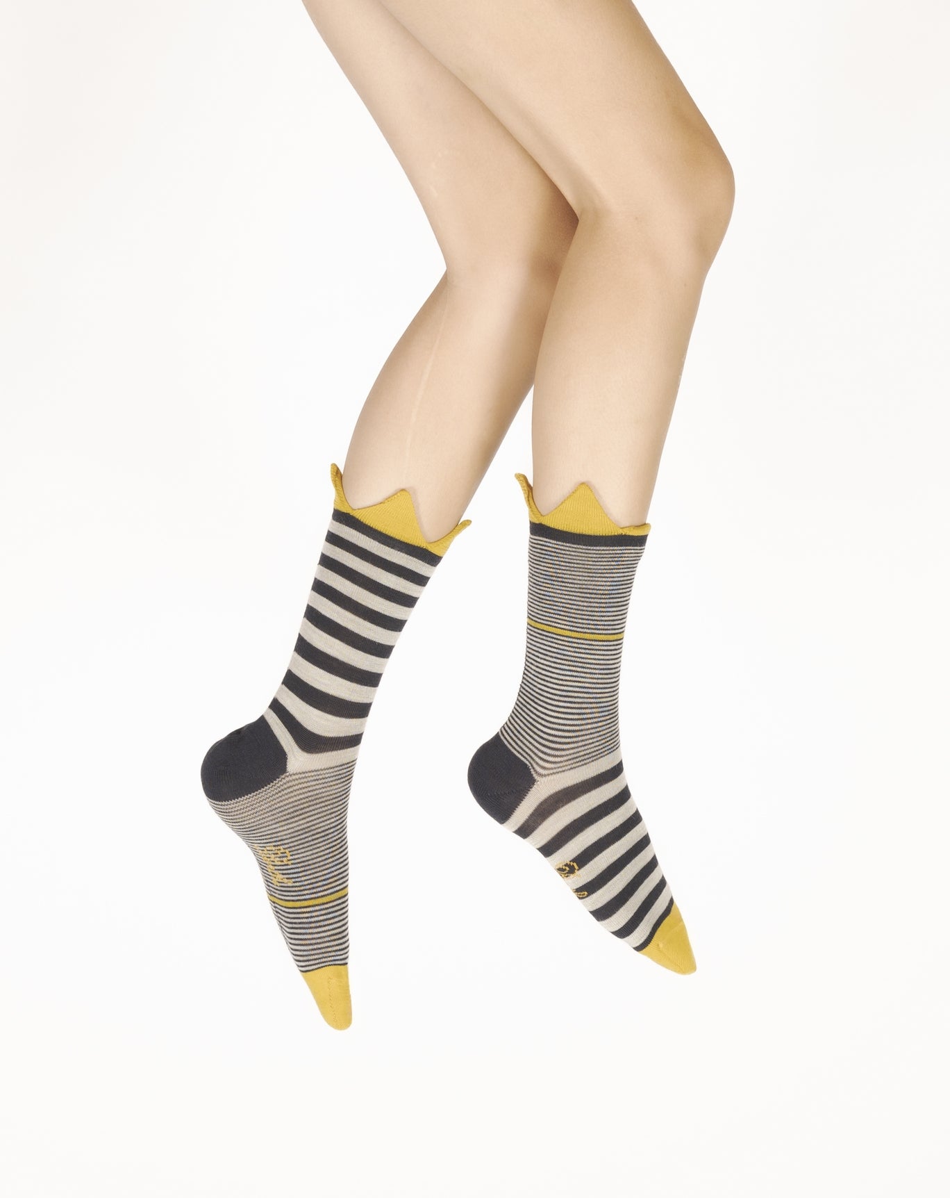 Chaussettes femme laine peignée couronne jaune MARINE/JAUNE