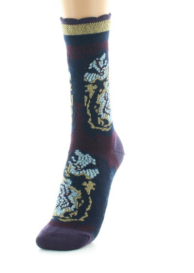 Chaussettes femme laine peignée fleurs de kimono MARINE