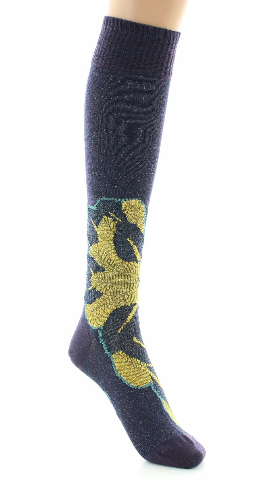 Chaussettes hautes femme laine peignée feuilles d'or BLEU