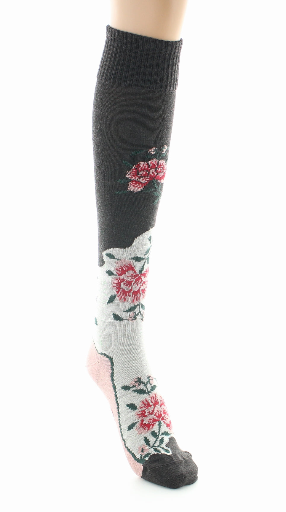 Chaussettes hautes femme laine peignée fleurs MARRON