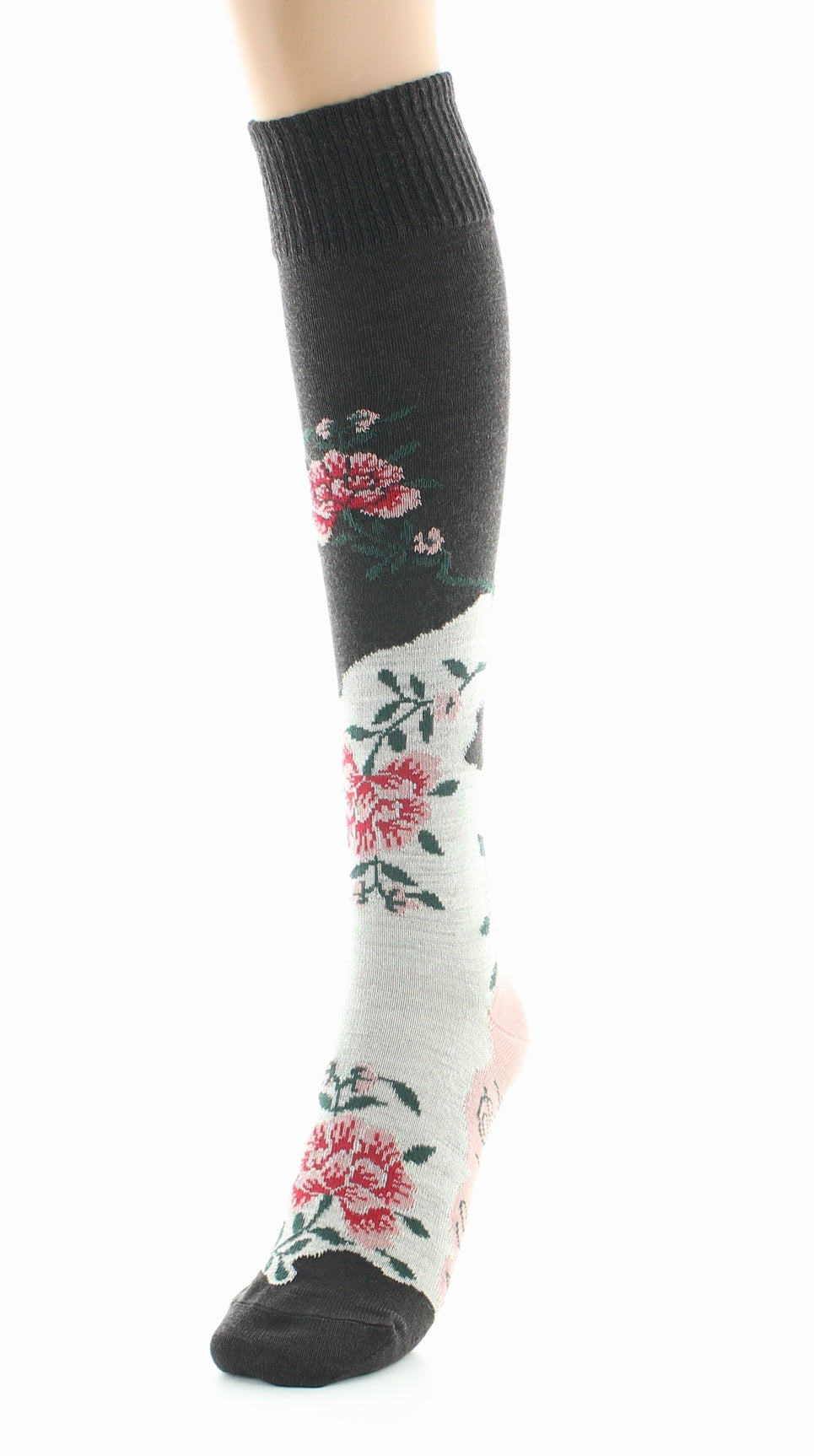 Chaussettes hautes femme laine peignée fleurs MARRON