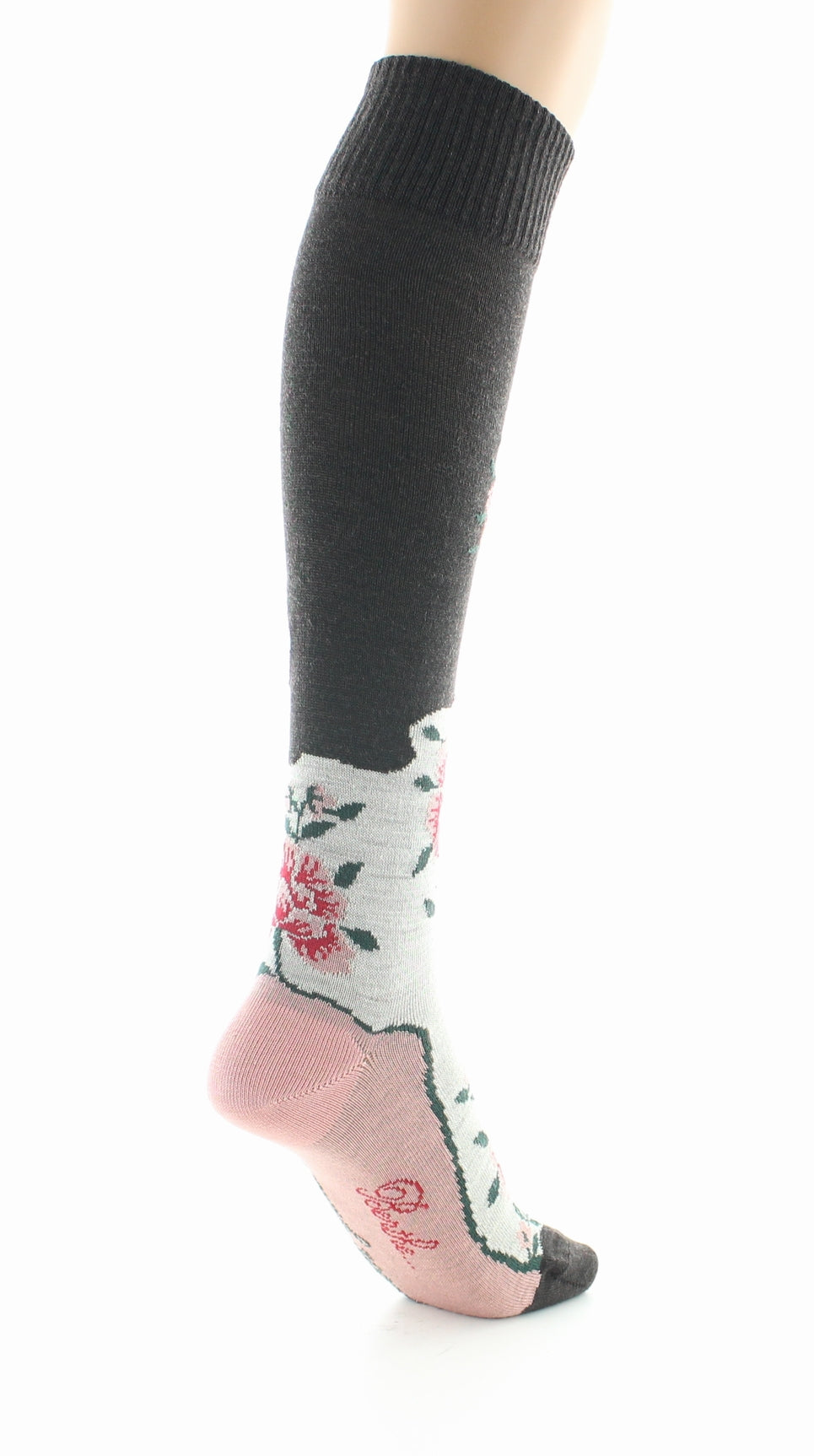 Chaussettes hautes femme laine peignée fleurs MARRON